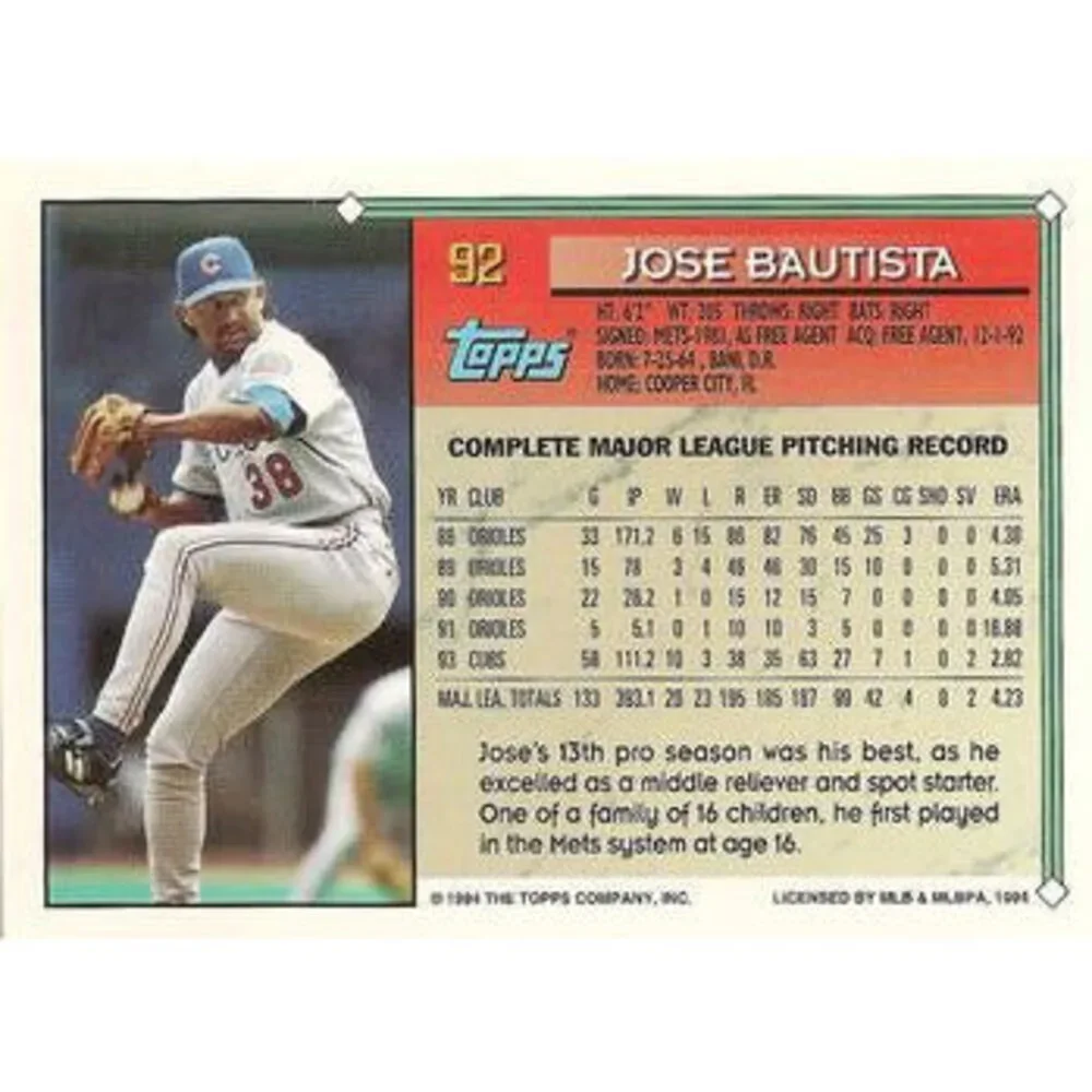 1994 Topps Jose Bautista # 92 Chicago Cubs